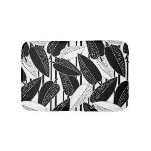 Modern black ficus leaves abstract striped print p bath mat