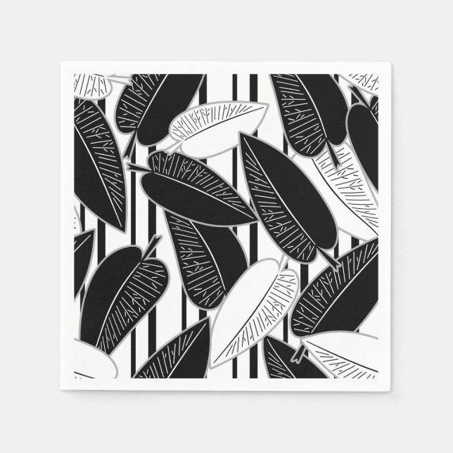 Modern black ficus leaves abstract striped print p napkin (Front)