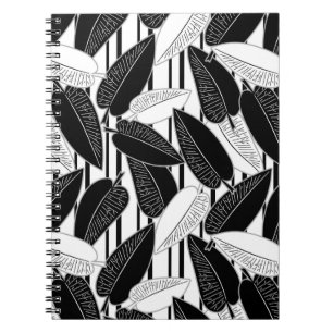 Modern black ficus leaves abstract striped print p notebook