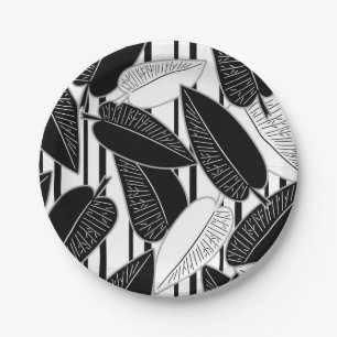 Modern black ficus leaves abstract striped print p paper plate