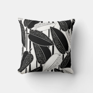 Modern black ficus leaves abstract striped print p throw pillow