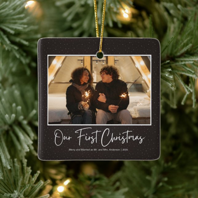 Modern Black First Christmas Married As Mr and Mrs Ceramic Ornament (Tree)