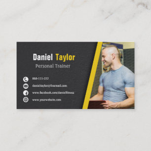 Modern Black Fitness Personal Trainer with Photo Business Card