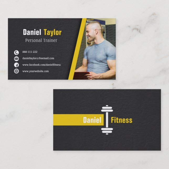 Modern Black Fitness Personal Trainer with Photo Business Card