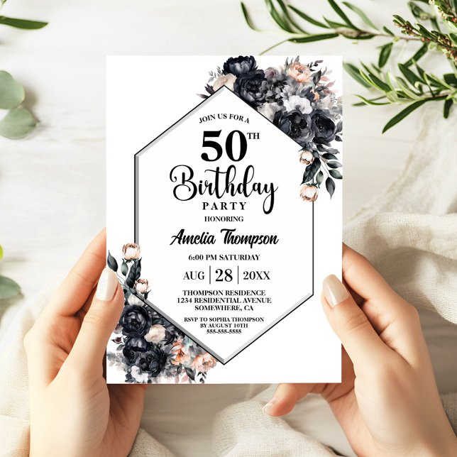 Modern Black Floral 50th Birthday Party Invitation (Creator Uploaded)