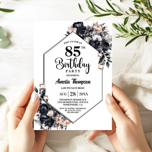 Modern Black Floral 85th Birthday Party Invitation (Creator Uploaded)