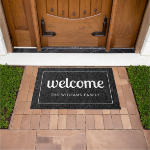 Modern Black Floral and White Personalized Welcome Doormat