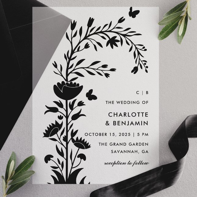 Modern Black Floral Butterfly Wedding Vellum Invitations (Creator Uploaded)
