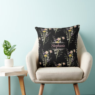 Modern Black Floral Country Wildflowers  Throw Pillow