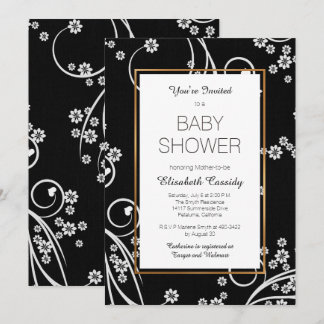 Modern Black Floral Gold Baby Shower Invitation