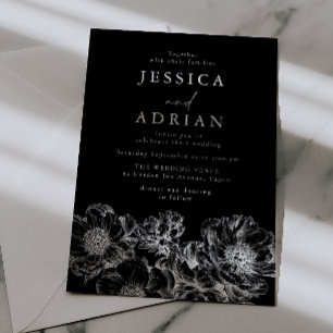 Modern Black Floral line Art Wedding Invitation