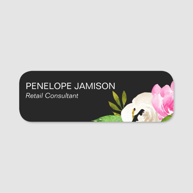 Modern Black Floral  Name Tag (Front)