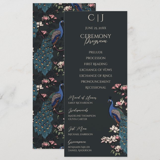 Modern Black Floral Peacock Wedding Program Card (Front/Back)