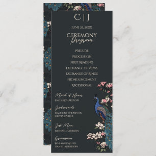 Modern Black Floral Peacock Wedding Program Card