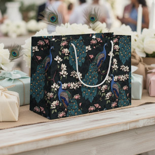 Modern Black Floral Peacocks Magnolia Flowers Large Gift Bag