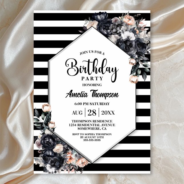 Modern Black Floral Striped Birthday Party Invitation (Creator Uploaded)