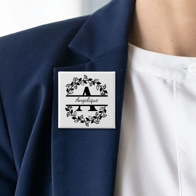 Modern Black Floral Wreath Split Monogram "A" 2 Inch Square Button (Creator Uploaded)