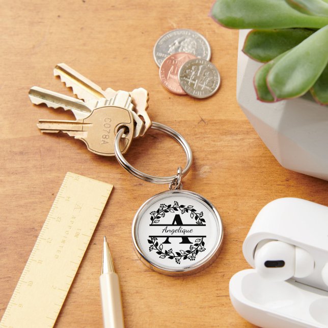 Modern Black Floral Wreath Split Monogram "A" Keychain (Creator Uploaded)
