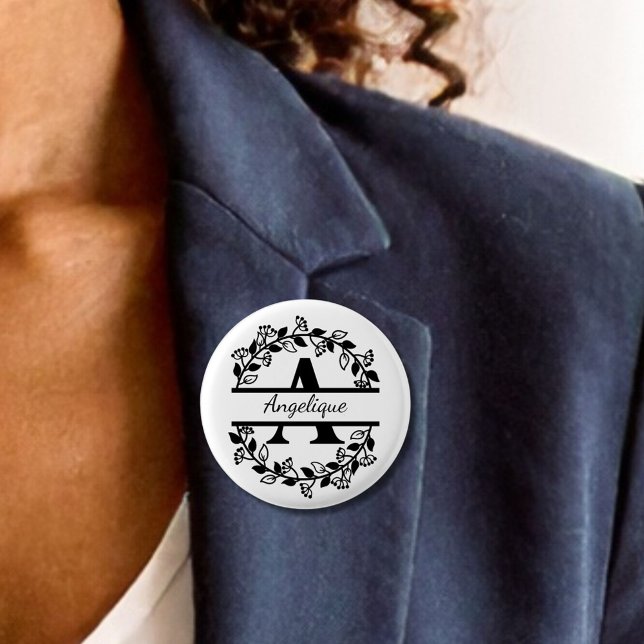 Modern Black Floral Wreath Split Monogram A Round 1 Inch Round Button (Creator Uploaded)