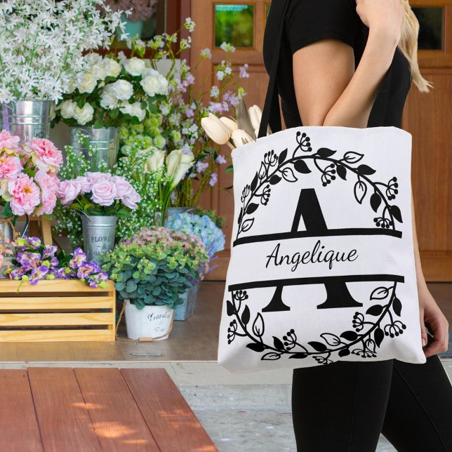 Modern Black Floral Wreath Split Monogram "A" Tote Bag (Creator Uploaded)