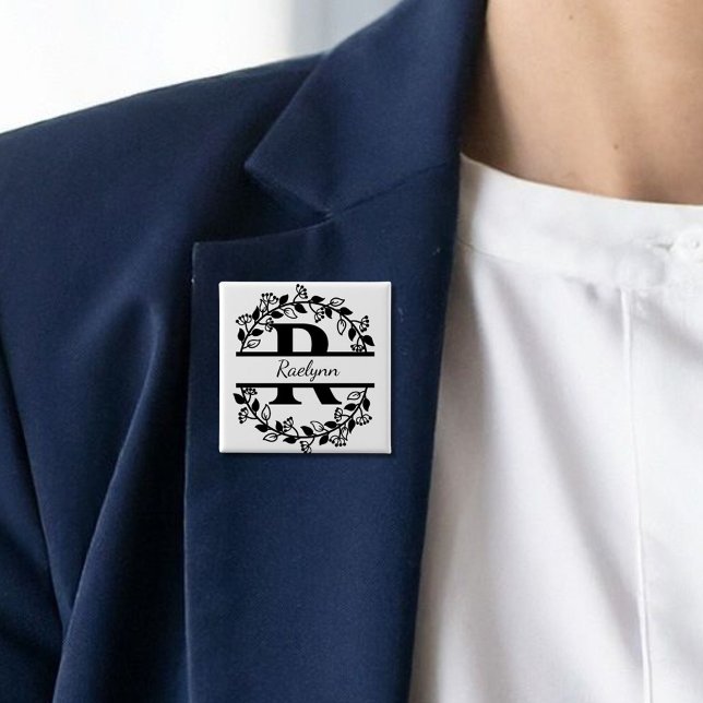 Modern Black Floral Wreath Split Monogram "R" 2 Inch Square Button (Creator Uploaded)