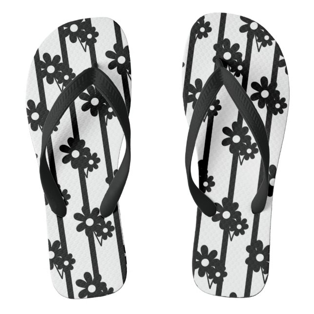 Modern Black Flowers With Black Vertical Stripes Flip Flops (Footbed)