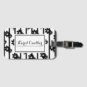 Modern Black Flowers With Vertical Lines Pattern Luggage Tag