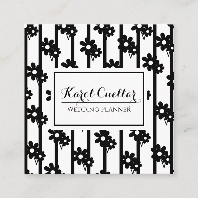 Modern Black Flowers With Vertical Lines Pattern Square Business Card (Front)