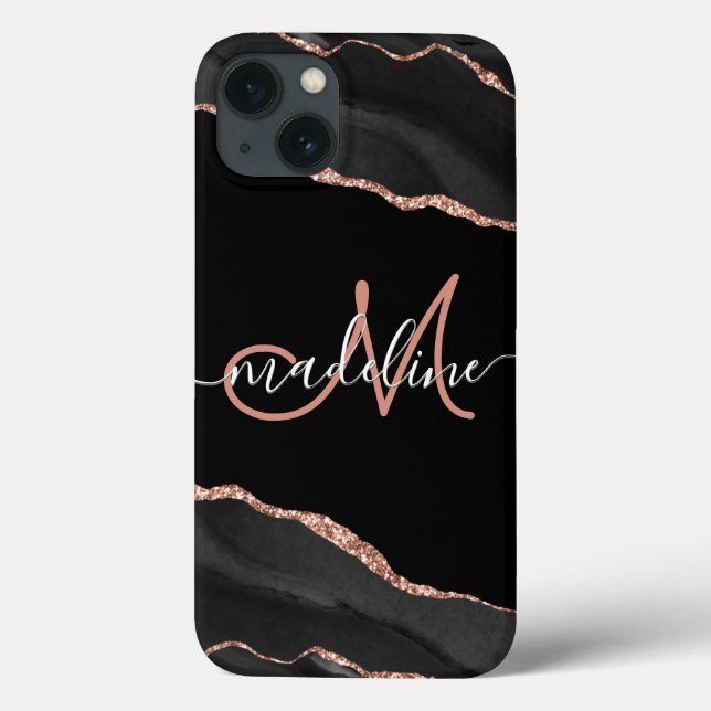 Modern Black Geode Agate Rose Glitter Monogrammed Case-Mate iPhone Case (Back)