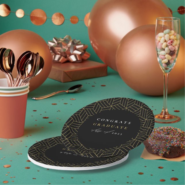 Modern Black Geometric Graduation Party Paper Plate (Multi)