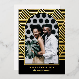 Modern Black Geometric Pattern Photo Christmas Foil Holiday Card