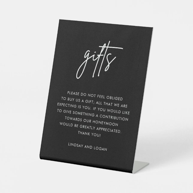 Modern Black Gift Registry Honeymoon Fund Wedding Pedestal Sign (Front)