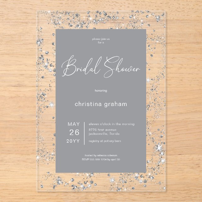 Modern Black Glam Diamond Frame Bridal Luncheon Acrylic Invitations (Front)