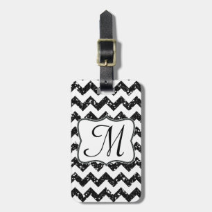 Modern Black Glitter Chevron Monogram Luggage Tag