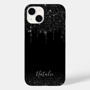 Modern Black Glitter Drips Elegant Custom Name Case-Mate iPhone 14 Case