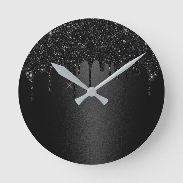 Modern Black Glitter Drips Elegant Dark Round Clock (Front)