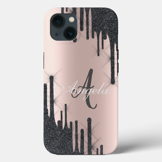 Modern Black Glitter Drips, Rose Gold,Monogram  Case-Mate iPhone Case (Back)