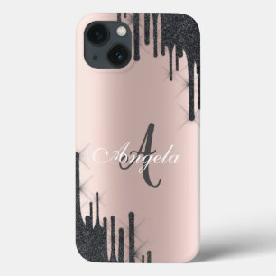 Modern Black Glitter Drips Rose Gold,Monogram  iPhone 13 Case