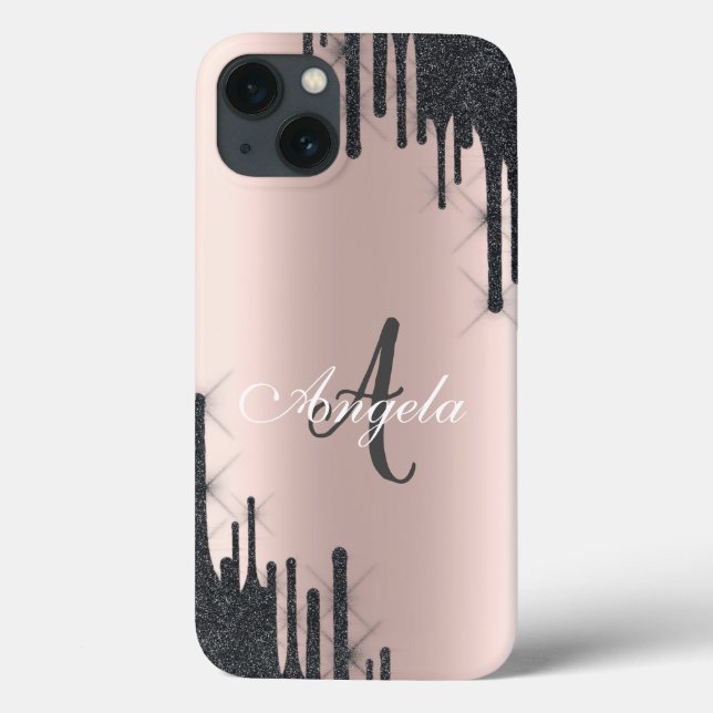 Modern Black Glitter Drips Rose Gold,Monogram  Case-Mate iPhone Case (Back)