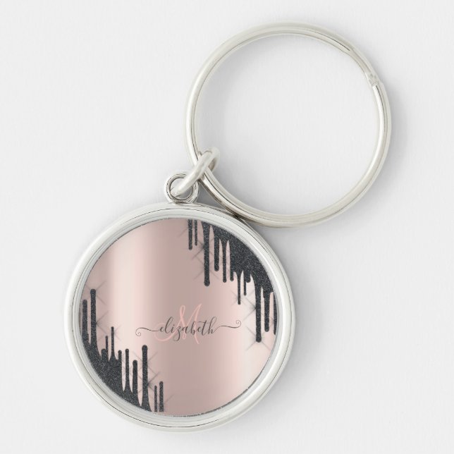 Modern Black Glitter Drips Rose Gold Monogram    Keychain (Front)