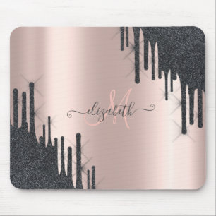 Modern Black Glitter Drips Rose Gold Monogram Mouse Pad