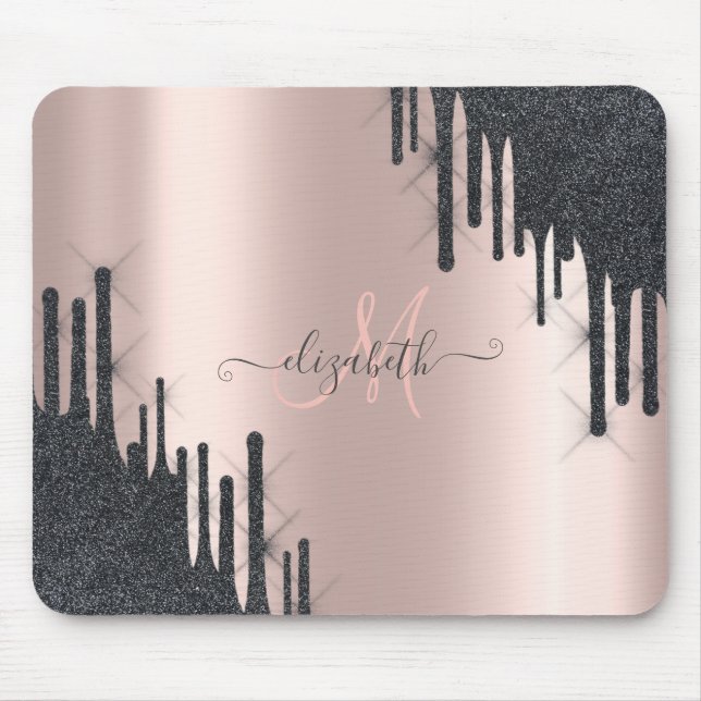 Modern Black Glitter Drips Rose Gold Monogram  Mouse Pad (Front)