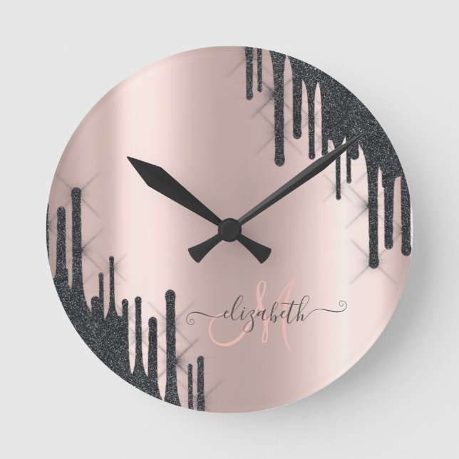 Modern Black Glitter Drips Rose Gold Monogram   Round Clock (Front)