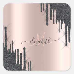 Modern Black Glitter Drips Rose Gold Monogram   Square Sticker
