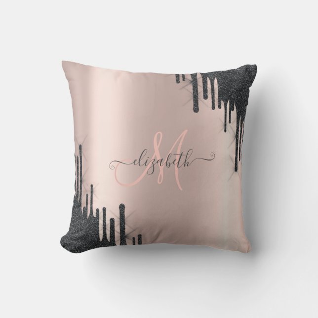Modern Black Glitter Drips Rose Gold Monogram  Throw Pillow (Front)