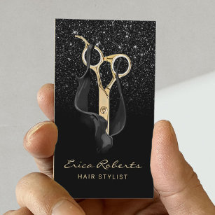 Modern Black Glitter Gold Scissor Hair Stylist Business Card