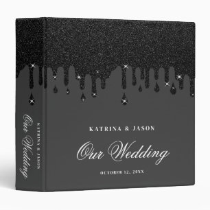 Modern Black Glitter Minimalist Script Wedding Binder