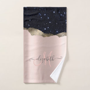 Modern Black Glitter Rose Gold Monogram Bath Towel Set