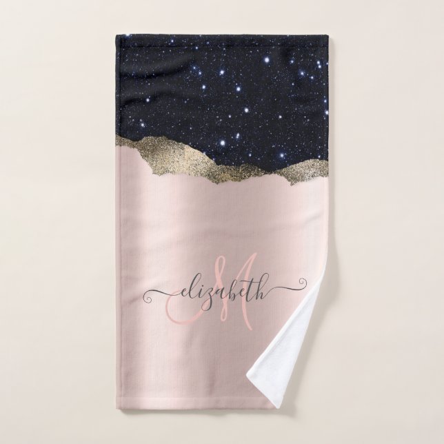 Modern Black Glitter Rose Gold Monogram Bath Towel Set (Hand Towel)