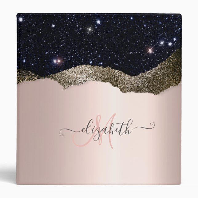 Modern Black Glitter Rose Gold Monogram  Binder (Front)